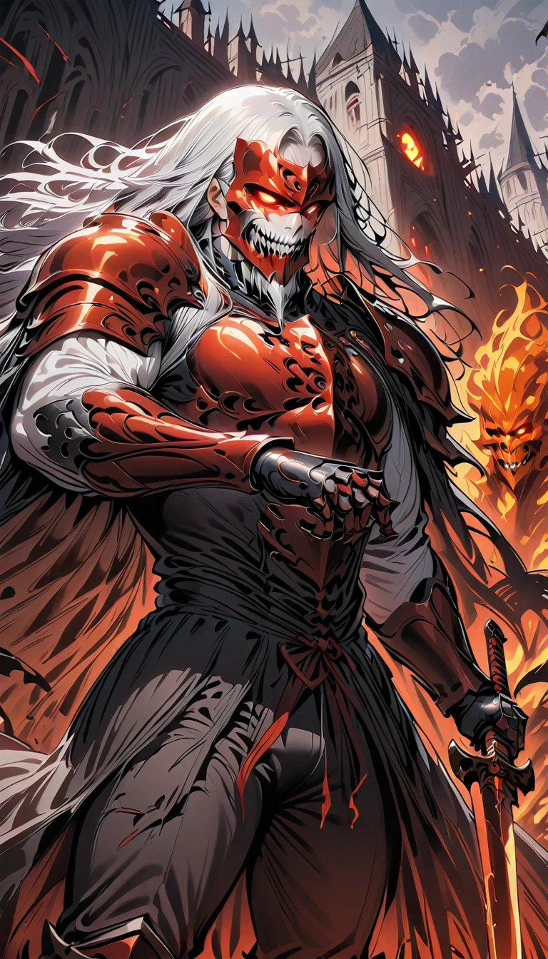 ((best quality)) , ((masterpiece)) , (detailed),weapon, armor, holding, long hair, facial hair, glowing eyes, 1boy, male focus, holding weapon, glowing, sword, outdoors, helmet, braid, teeth, fire, shoulder armor, pants, grey hair, beard, bangs, holding sword, muscular male, white hair,