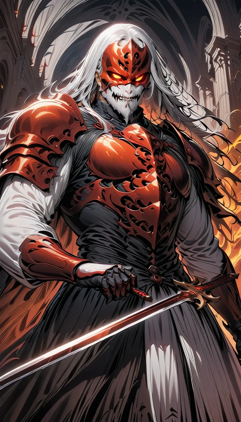 ((best quality)) , ((masterpiece)) , (detailed)，weapon, armor, holding, long hair, facial hair, glowing eyes, 1boy, male focus, holding weapon, glowing, sword, outdoors, helmet, braid, teeth, fire, shoulder armor, pants, grey hair, beard, bangs, holding sword, muscular male, white hair,