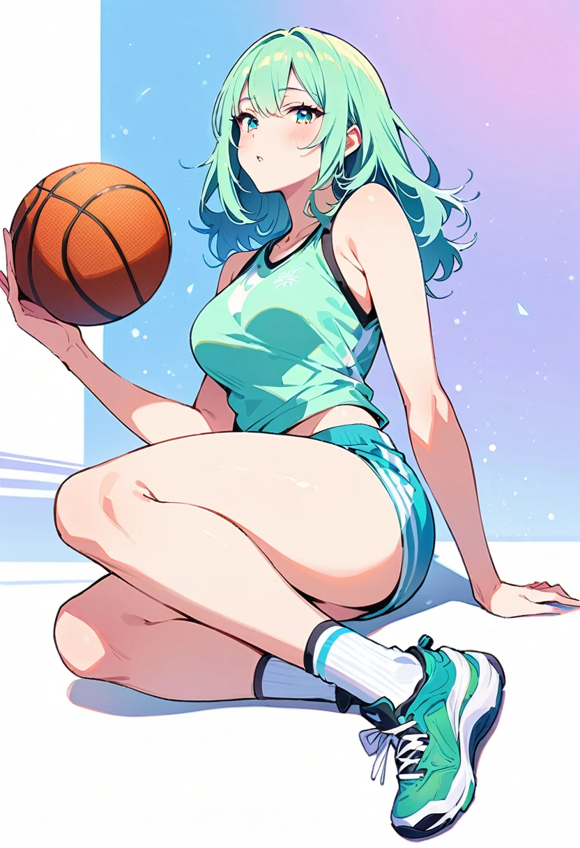 (masterpiece, Highest quality:1.2), 1 sexy woman, alone, Sporty clothing, short, Basketball Shoes, Ankle socks, whole body, pastel colour
