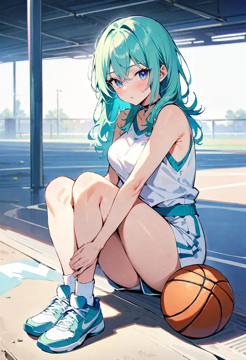 (masterpiece, Highest quality:1.2), 1 sexy woman, alone, Sporty clothing, short, Basketball Shoes, Ankle socks, whole body, pastel colour