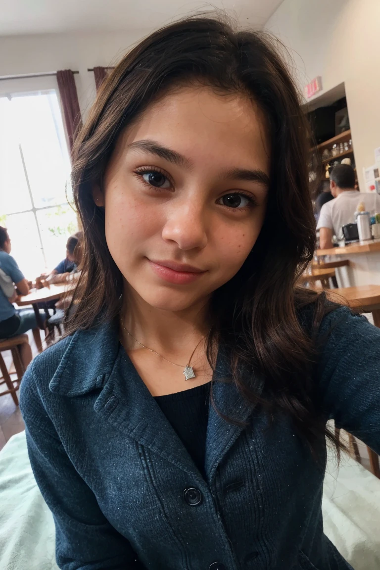 create ultrarealistic, hyperdetailed, anatomically correct 13 year old girl (by the cafe, Beautiful, innocent, medium bust, small, of American and Costa Rican descent ) upper body selfie from hand (front camera of a phone) in bed, wearing a black sweater and a jean jacket 