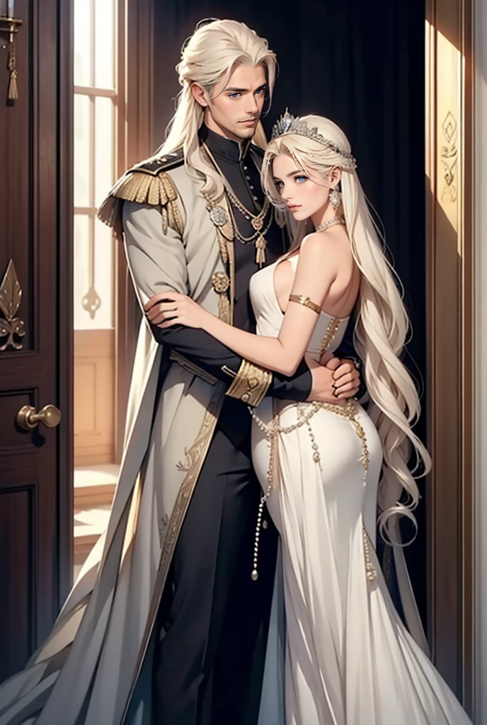 Tall, handsome, statuesque, courageous, adult man - golden-haired blond, tsar, ancient military uniform, armor, short curly golden hair, blue eyes, hugs an incredibly beautiful young femme fatale, she is the princess of Mars, she is wearing a thin silk scarlet dress, emphasizes her ideal figure, long straight black hair, gathered in a a beautiful hairstyle decorated with rubies, beautiful antique jewelry. They're in love.