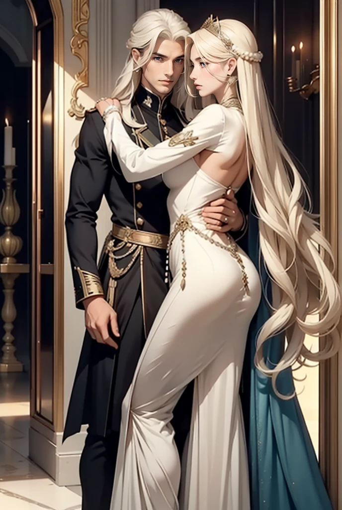 Tall, handsome, statuesque, courageous, adult man - golden-haired blond, tsar, ancient military uniform, armor, short curly golden hair, blue eyes, hugs an incredibly beautiful young femme fatale, she is the princess of Mars, she is wearing a thin silk scarlet dress, emphasizes her ideal figure, long straight black hair, gathered in a a beautiful hairstyle decorated with rubies, beautiful antique jewelry. They're in love.