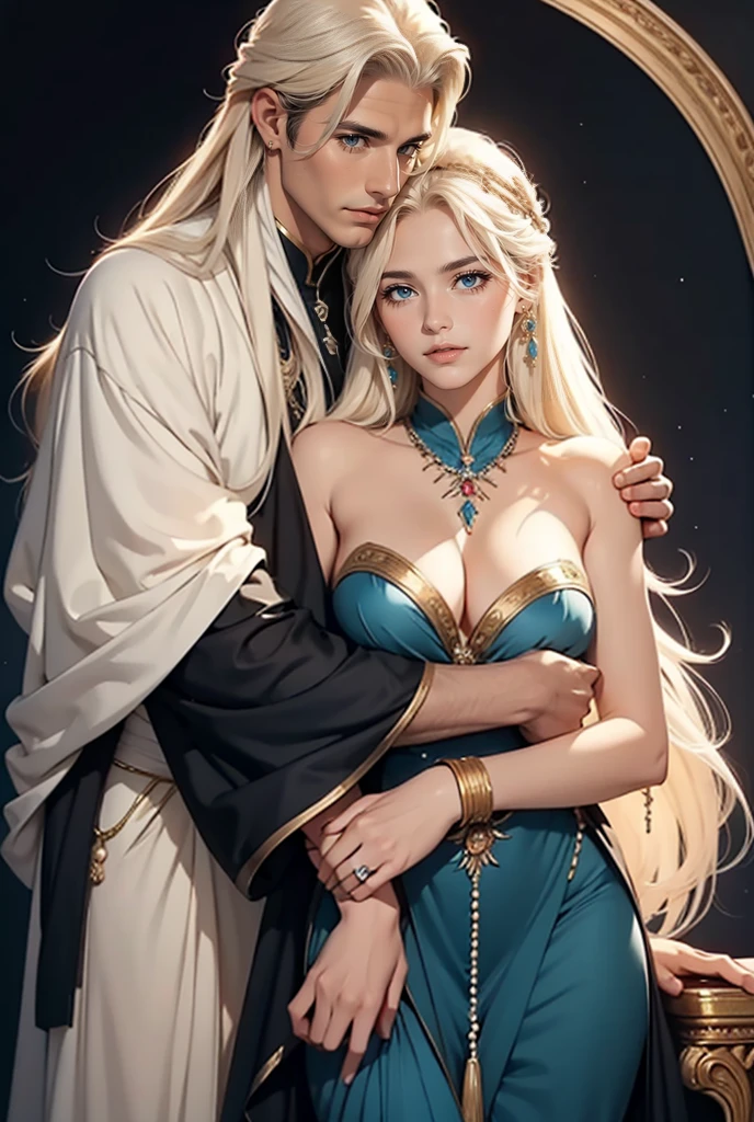 Tall, handsome, statuesque, courageous, adult man - golden-haired blond, tsar, ancient military uniform, armor, short curly golden hair, blue eyes, hugs an incredibly beautiful young femme fatale, she is the princess of Mars, she is wearing a thin silk scarlet dress, emphasizes her ideal figure, long straight black hair, gathered in a a beautiful hairstyle decorated with rubies, beautiful antique jewelry. They're in love.