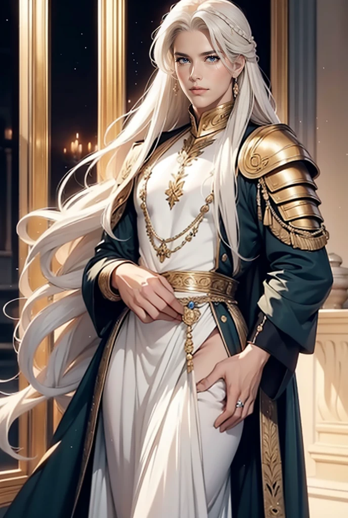 Tall, handsome, statuesque, courageous, adult man - golden-haired blond, tsar, ancient military uniform, armor, short curly golden hair, blue eyes, hugs an incredibly beautiful young femme fatale, she is the princess of Mars, she is wearing a thin silk scarlet dress, emphasizes her ideal figure, long straight black hair, gathered in a a beautiful hairstyle decorated with rubies, beautiful antique jewelry. They're in love.