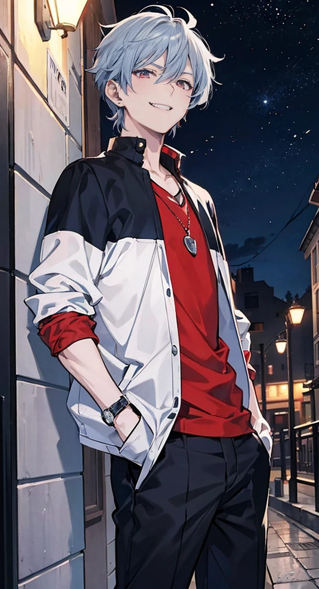 High resolution, High resolution,2D Anime Style,,Cool guy,Mature,,30th Generation,short hair,Silver-blue hair,Red eyes,Beautiful Watches,Beautiful earrings,,Cool Fashion,He is laughing a little,night,walk,Put your hands in your pockets,Uncle Ike、Perm