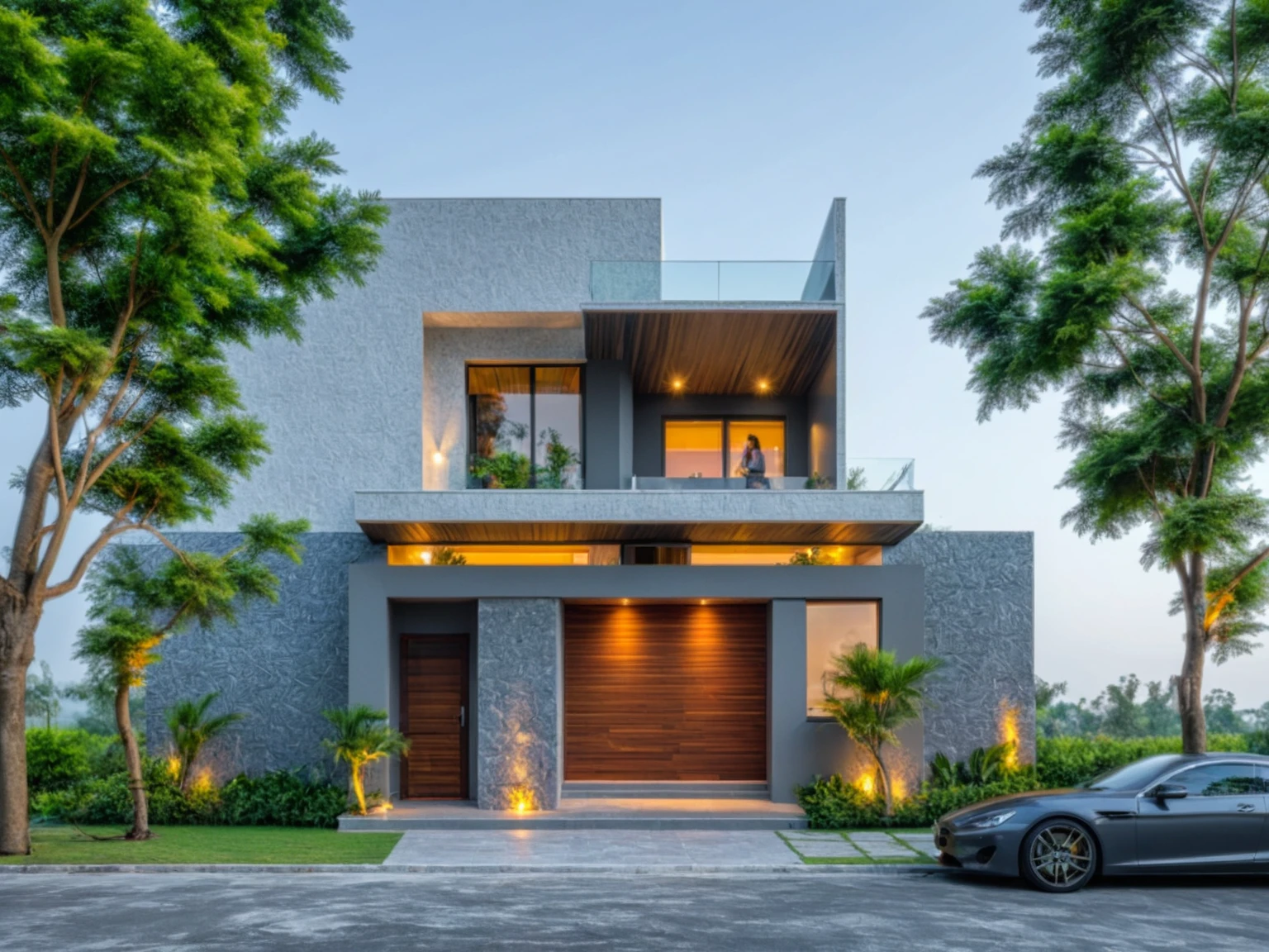 modern villa on street, (daylight), tropical tree, green shrub and plants, vivid color, streetcapes, minimalist design, brigth grey tone, (large glass door:1.2), warm interior lighting, modern material, best quality, ultra realistic, masterpiece, 
