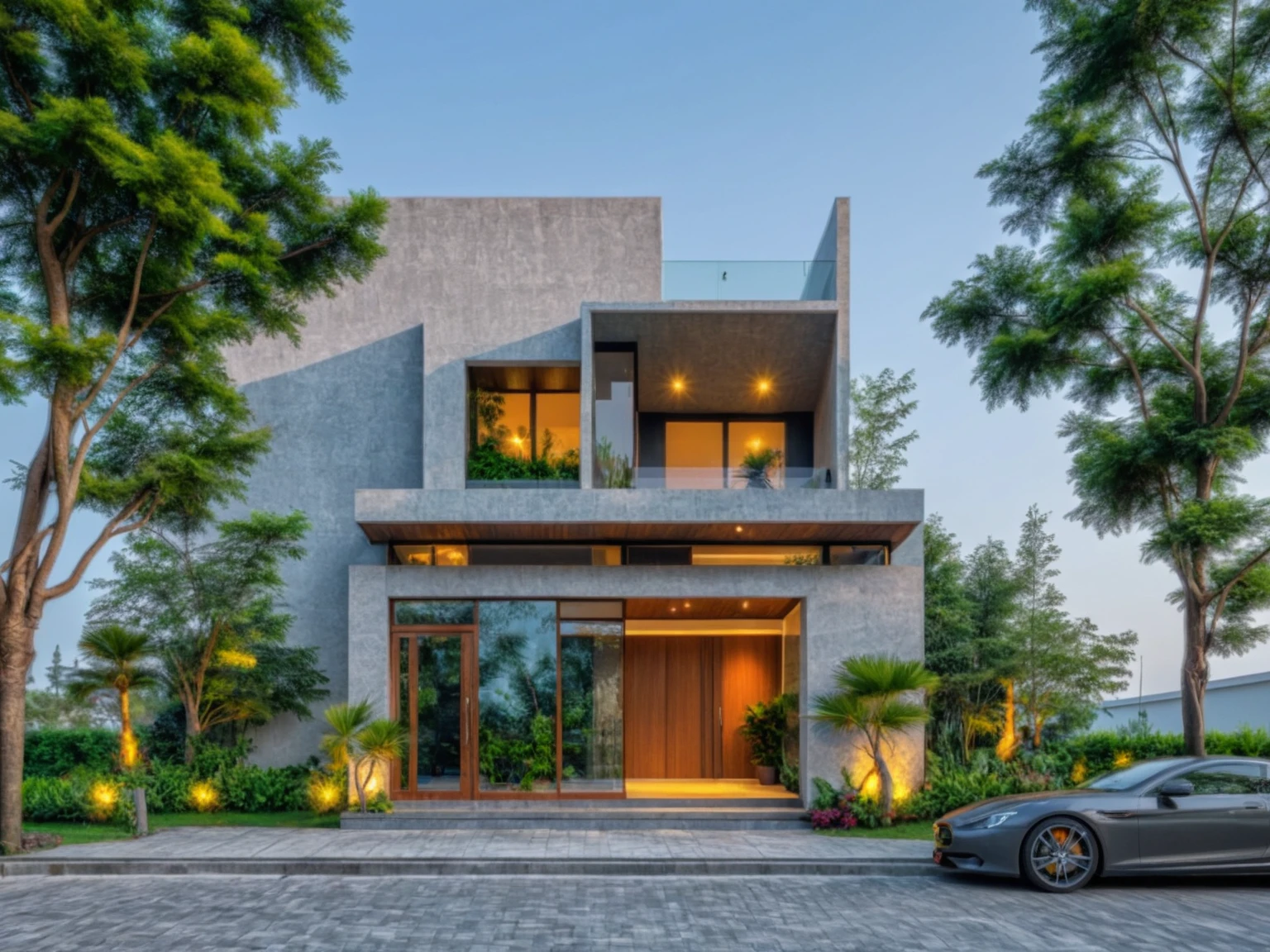 modern villa on street, (daylight), tropical tree, green shrub and plants, vivid color, streetcapes, minimalist design, brigth grey tone, (large glass door:1.2), warm interior lighting, modern material, best quality, ultra realistic, masterpiece,