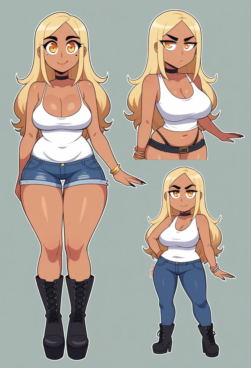 Expressiveh, egirlthot, chibiIcon, , score_9, score_8_up, score_8, (top quality,8k wallpaper),(masterpiece,best quality:1.2), ((source_anime, anime)), 1girl, , goat pupils, gyaru, ((very light blonde hair, long hair, )), old, mother, milf, , ,, tan skin, makeup, tan skin, saggy breasts, saggy, amused eyes, amused smile, , , wide eyes, jealous, jealousy, very jealous, yandere, , , blonde eyebrows, , obsessive, , black mascara, black eyeliner, yellow eyes, , , , , big sister, , large eyes, beauty mark, , giggling, laughing , , athletic , long fingernails,s1z3d1ff_t4lk, taller girl, standing, legs straight, , [[from below]:0.5], pov, eye contact, chibi, icon, cartoon, big head, wide hips, wide torso, plump, big eyes, full body, character sheet, various angles, white tanktop, denim jeans, platform boots, choker, 