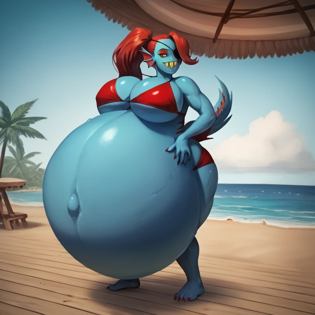 score_9, score_8_up, score_7_up, score_6_up, score_5_up, score_4_up, source_anime, 1girl, undyne \(undertale\), smiling, looking at viewer, portrait, red Bikini,outdoor,standing,swimsuit, outdoor cafe, detailed background, anthro, canid, canine, clothed, water inflation, blimpbelly, on front, photorealistic, arched back, by taranima , heavy, sitting on floor huge overfilled breast_implant, huge keep_inflating_Extrem_like a blimp