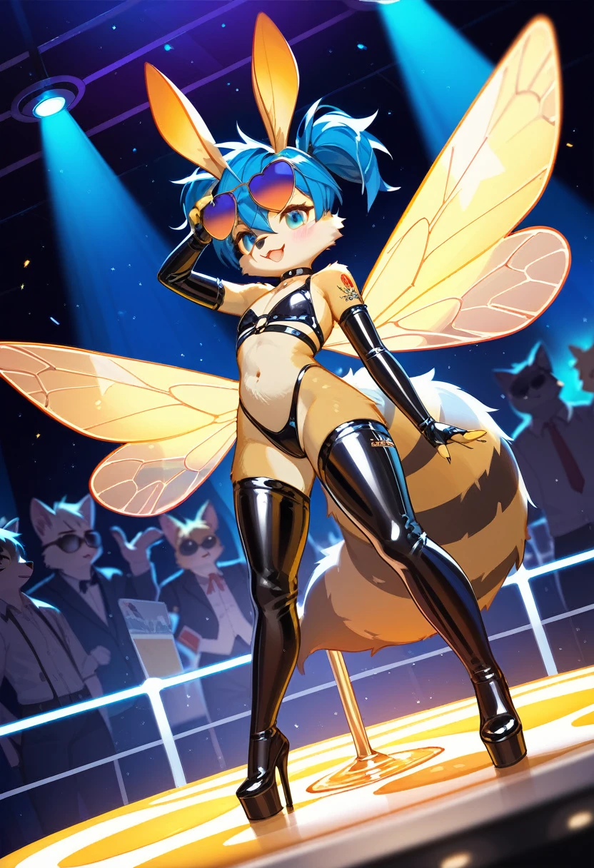 Highest quality, Highest quality, High quality illustrations, masterpiece, Ultra-high resolution, Detailed Background, club, Disco, Absurd, Perfect Anatomy, performance, Good lighting, Shadows in the movies(kemono, Furry Personifi猫ion), bee, honey colored, Yellow Color, latex, neon, neonカラー, cyber punk, 蜜beeの衣装, 蜜beeコスプレ, ラバーの蜜beeの尻尾, Bee Wings, enamel, sunglasses, Tattoo, first round, Dynamic Angle