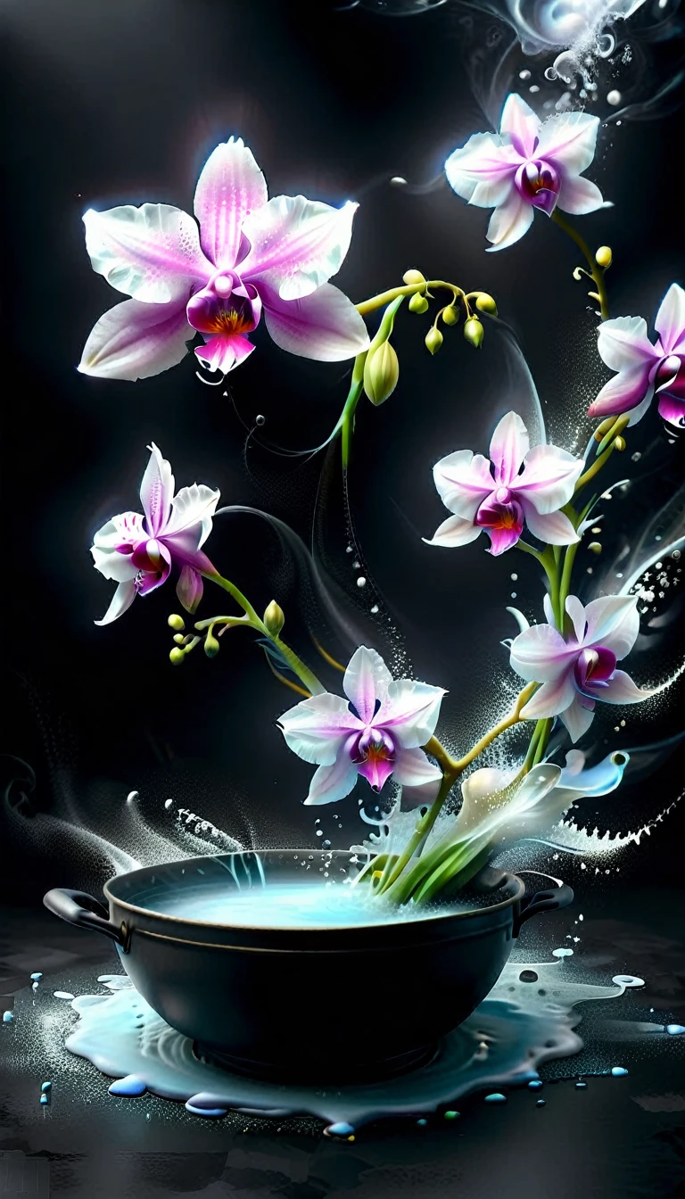 créer le plus époustouflant (Chef-d’œuvre 32k, Meilleure qualité:1.2) image photoréaliste, deux fleurs d'orchidée (au longues tiges enlacées) en verre creux versé avec de l’or liquide à partir de la tige, petals fractales qui se dissolvent dans l'air, détails fractales, fond noir dégradé, diffusion de la lumière réfléchie, organique,bioluminescent, énergie, vivant, Spectaculaire, éthéré, lumière volumétrique, diffusion souterraine, jeu de transparence