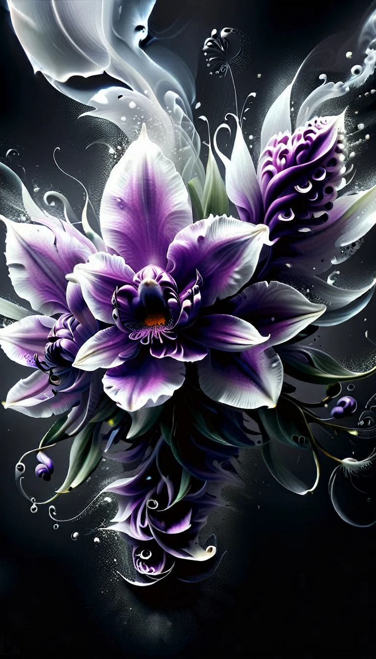 créer le plus époustouflant (Chef-d’œuvre 32k, Meilleure qualité:1.2) image photoréaliste, deux fleurs d'orchidée (au longues tiges enlacées) en verre creux versé avec de l’or liquide à partir de la tige, petals fractales qui se dissolvent dans l'air,  détails fractales, fond noir dégradé, diffusion de la lumière réfléchie, organique,bioluminescent, énergie, vivant, Spectaculaire, éthéré, lumière volumétrique, diffusion souterraine, jeu de transparence 