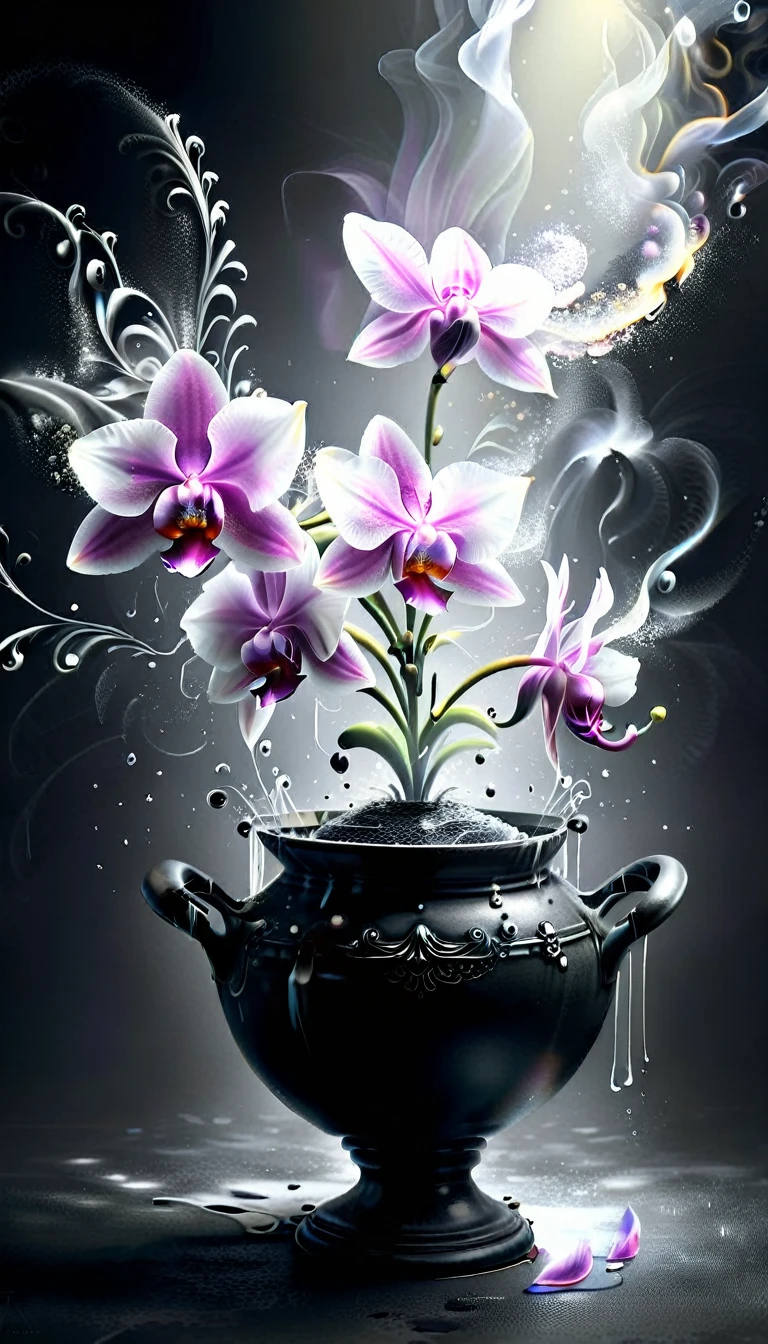 créer le plus époustouflant (Chef-d’œuvre 32k, Meilleure qualité:1.2) image photoréaliste, deux fleurs d'orchidée (au longues tiges enlacées) en verre creux versé avec de l’or liquide à partir de la tige, petals fractales qui se dissolvent dans l'air, détails fractales, fond noir dégradé, diffusion de la lumière réfléchie, organique,bioluminescent, énergie, vivant, Spectaculaire, éthéré, lumière volumétrique, diffusion souterraine, jeu de transparence