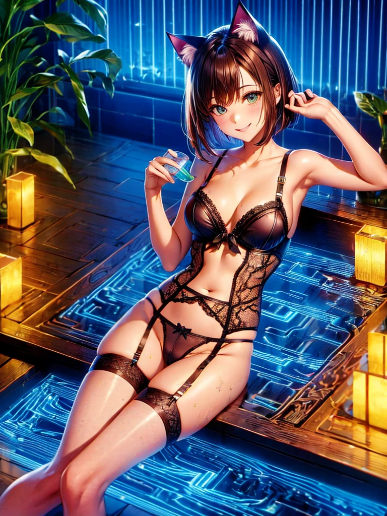 Highest quality,Highest Resolution,Smiling beautiful girl in underwear,bath,Get in the big bathtub,Sexy Lingerie,High leg,garter belt,Brown hair short bob,Cat ear,Drink,whole body,up,front,