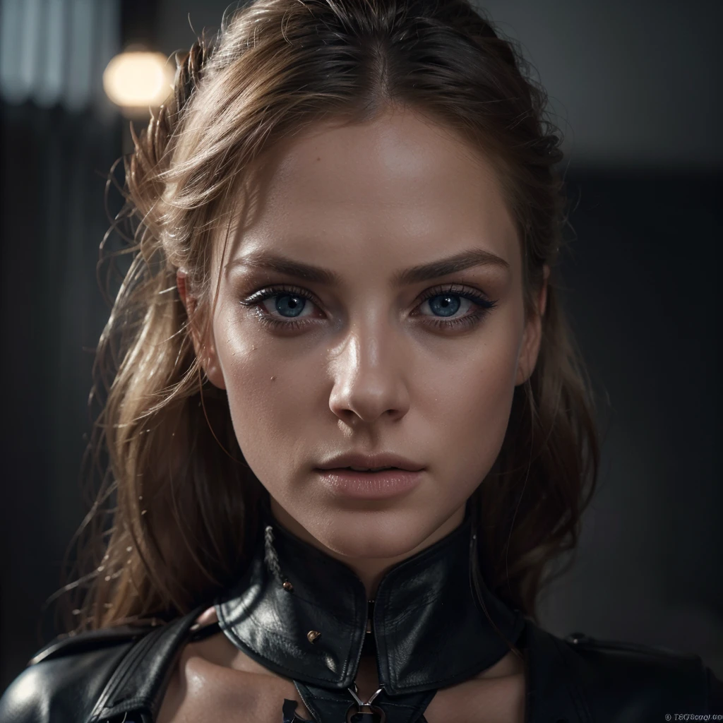 a beautiful blond woman with blue eyes, extremely detailed eyes and face, long eyelashes, perfect skin, beautiful detailed lips, dramatic lighting, cinematic composition, mystical atmosphere, dark and moody colors, wearing sexy black leather clothes, (best quality,4k,8k,highres,masterpiece:1.2),ultra-detailed,(realistic,photorealistic,photo-realistic:1.37),highly detailed skin texture,perfect body