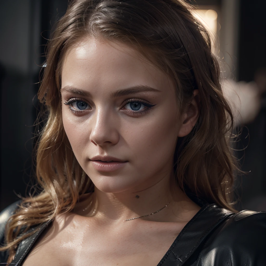a beautiful blond woman with blue eyes, extremely detailed eyes and face, long eyelashes, perfect skin, beautiful detailed lips, dramatic lighting, cinematic composition, mystical atmosphere, dark and moody colors, wearing sexy black leather clothes, (best quality,4k,8k,highres,masterpiece:1.2),ultra-detailed,(realistic,photorealistic,photo-realistic:1.37),highly detailed skin texture,perfect body