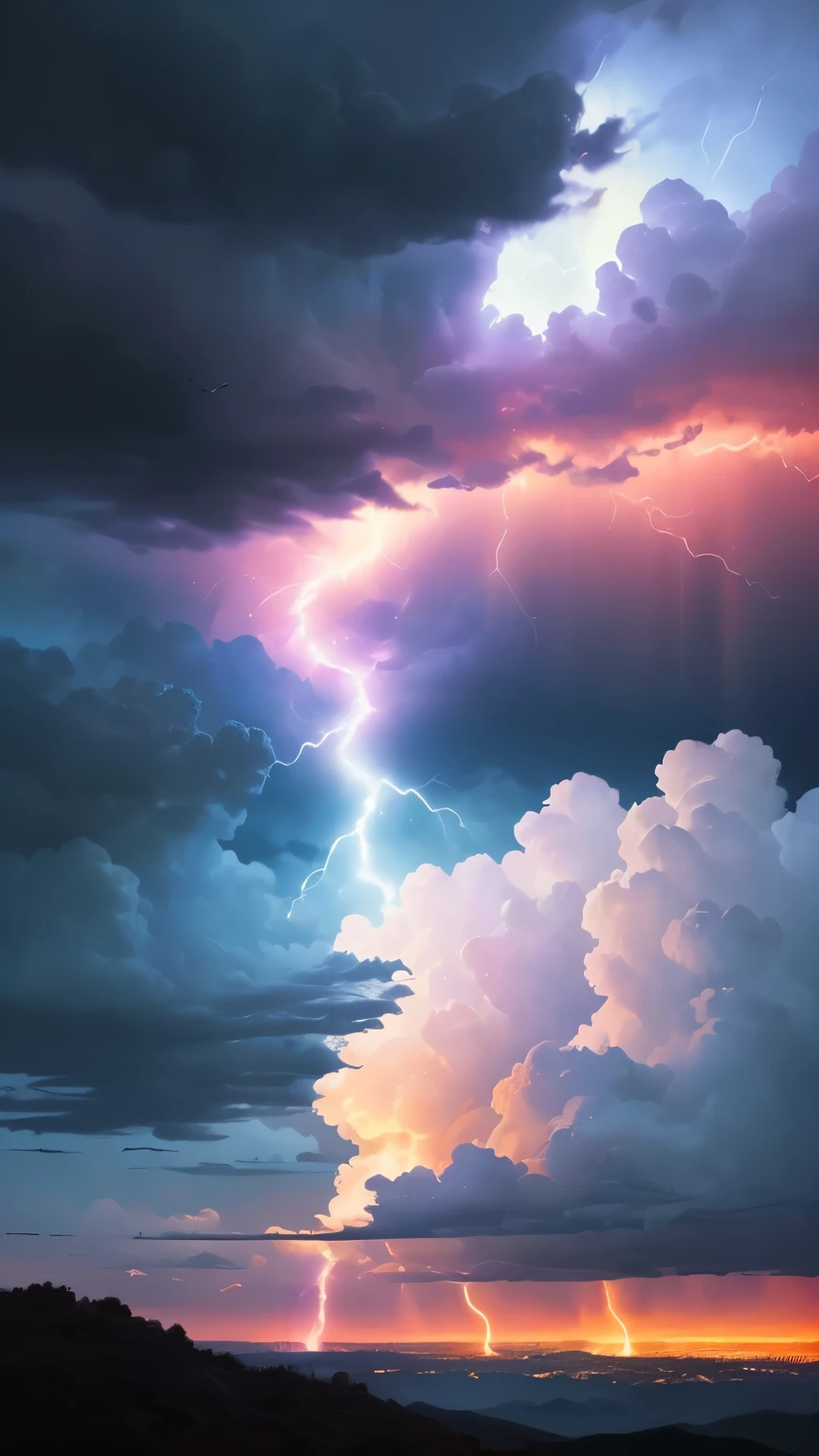 ((best quality)), ((masterpiece)), (detailed), A digital illustration of a rainbow lightning in a dark blue sky with small birds flying in the background