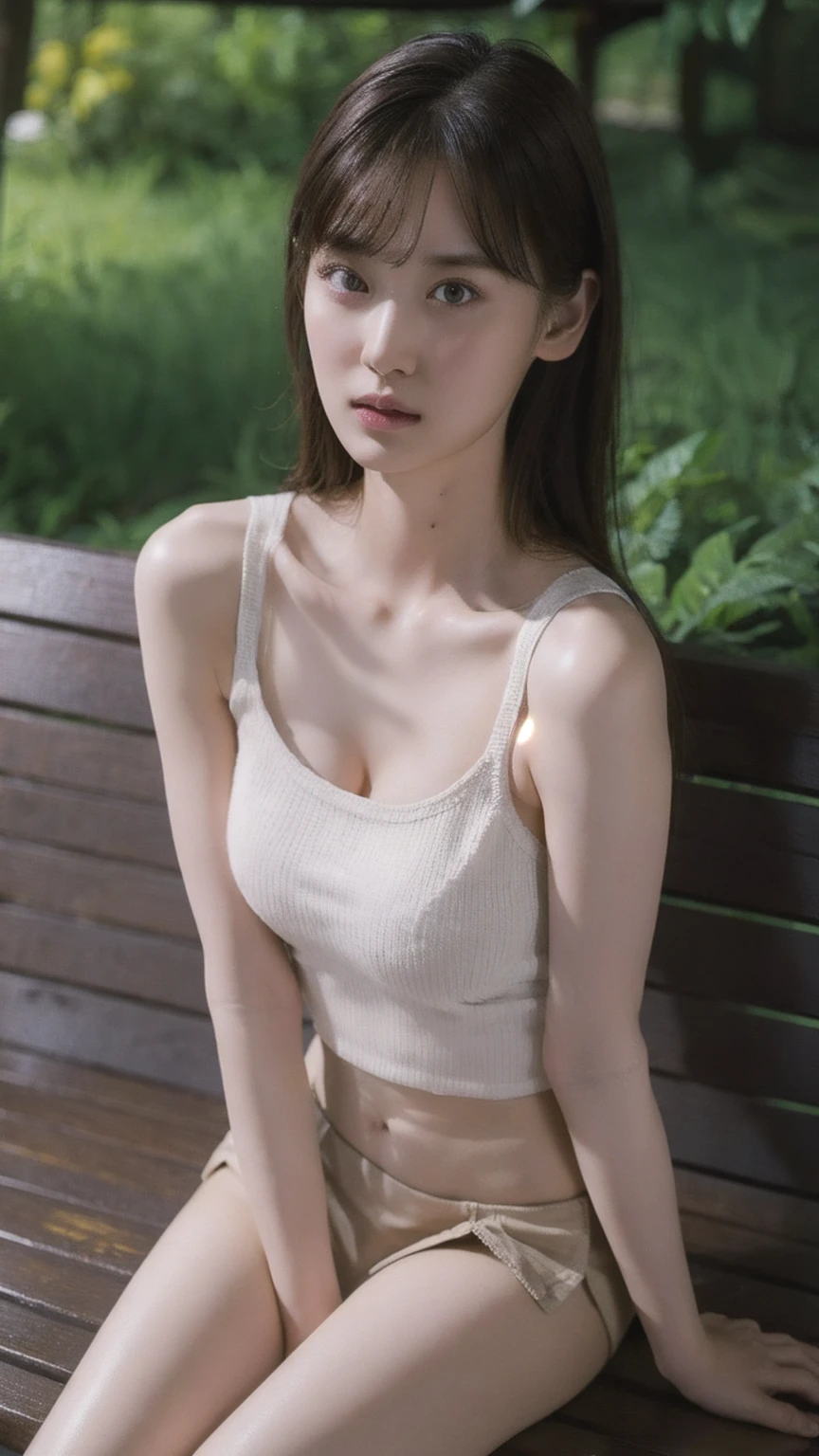 1girl, woman, masterpiece, best quality, highest quality, cinematic lighting, (volumetric lighting), extremely detailed CG unity 8k wallpaper, focused, 8k wallpaper, extremely detailed, ultra realistic, photorealistic, sharp focus, absurdres, (HDR:1.2), (high contrast), photograph, detailed and intricate, instagram, portrait, highly detailed, digital painting, artstation, concept art, smooth, sharp focus, illustration, cinematic lighting, (natural tight breast), (whole body:1.3), ((knit strap tank top)), (sitting on a bench), (beautiful thighs), short skirt, (full body), looking at the viewer, thighs, (HQ skin:1.4).