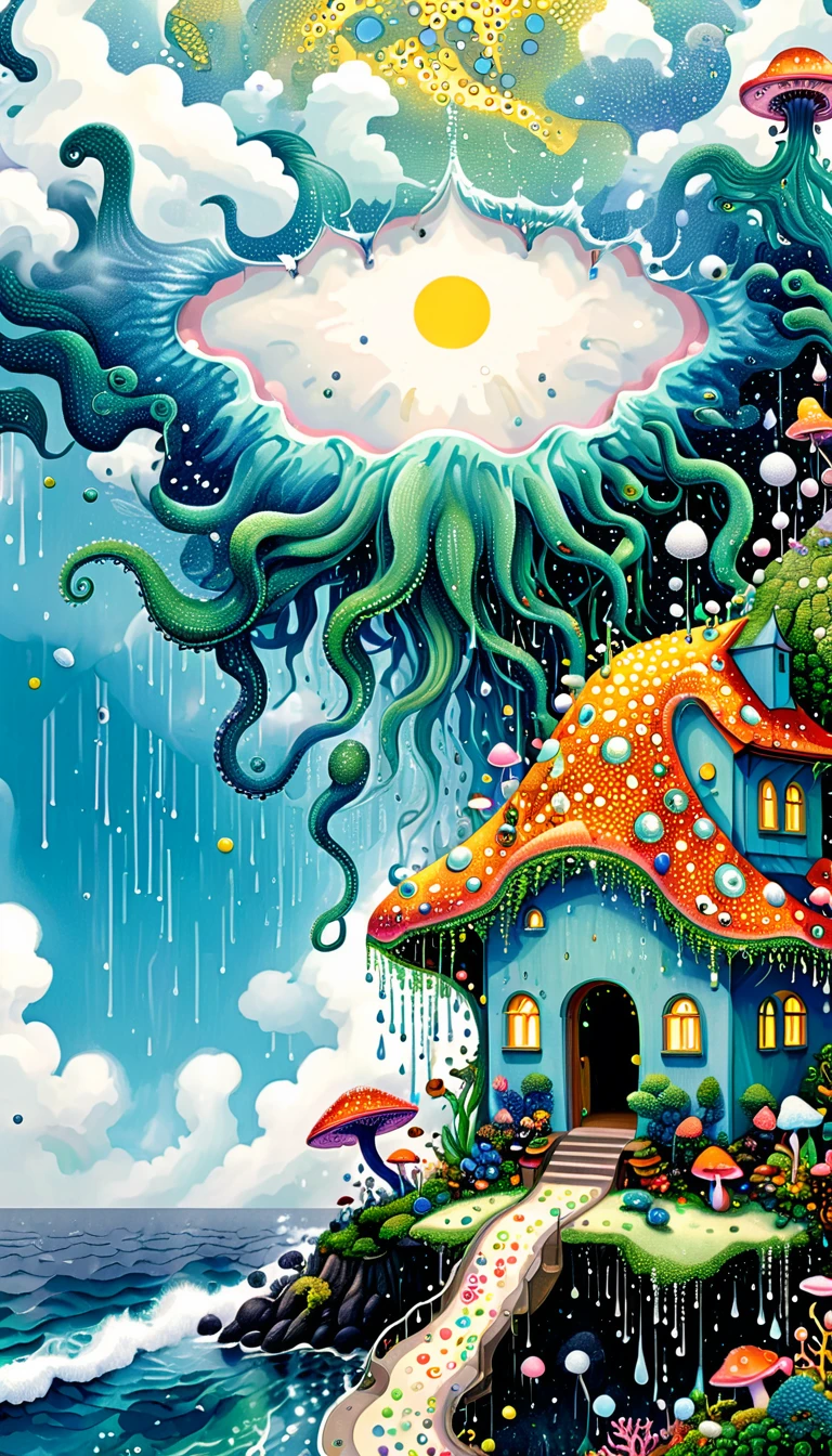 Strong visual fusion of multiple elements,Broto,来自Star的艺术家,house、Eye、Bead curtains、pearl、Star、cloud、Spore powder、Ocean、rain、Tentacles,Describing the inner world of autistic people,密集Pointillism method。Smooth lines。interesting,Strange illustration。Pointillism method。Strong contrast。Award-winning works。