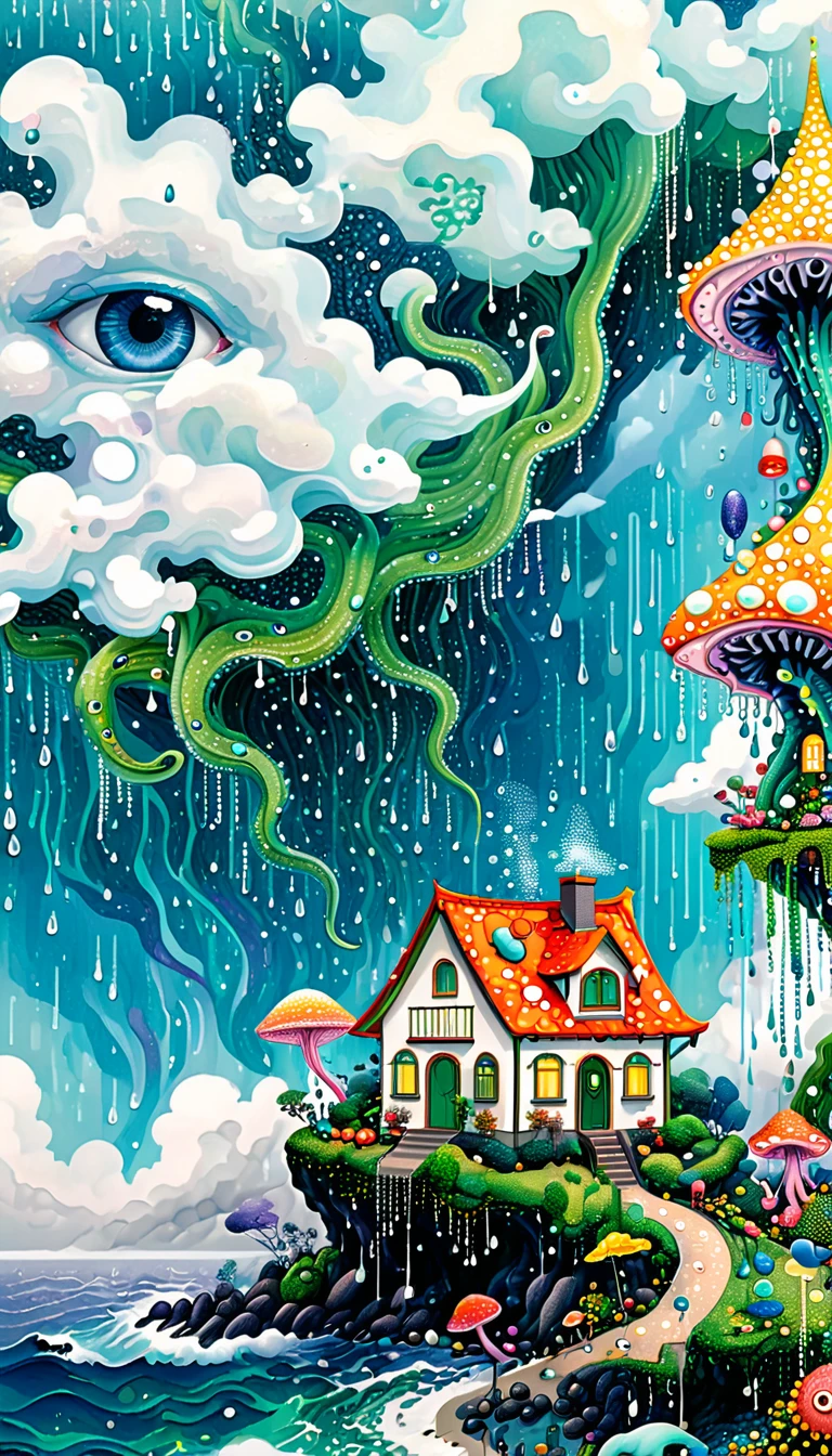 Strong visual fusion of multiple elements,Broto,来自Star的艺术家,house、Eye、Bead curtains、pearl、Star、cloud、Spore powder、Ocean、rain、Tentacles,Describing the inner world of autistic people,密集Pointillism method。Smooth lines。interesting,Strange illustration。Pointillism method。Strong contrast。Award-winning works。