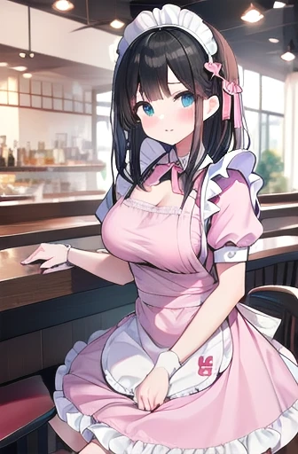 (masterpiece, Highest quality), One Girl, Beautiful Face,  Maid, pink Maid dress, Long black hair, restaurant,Large Breasts