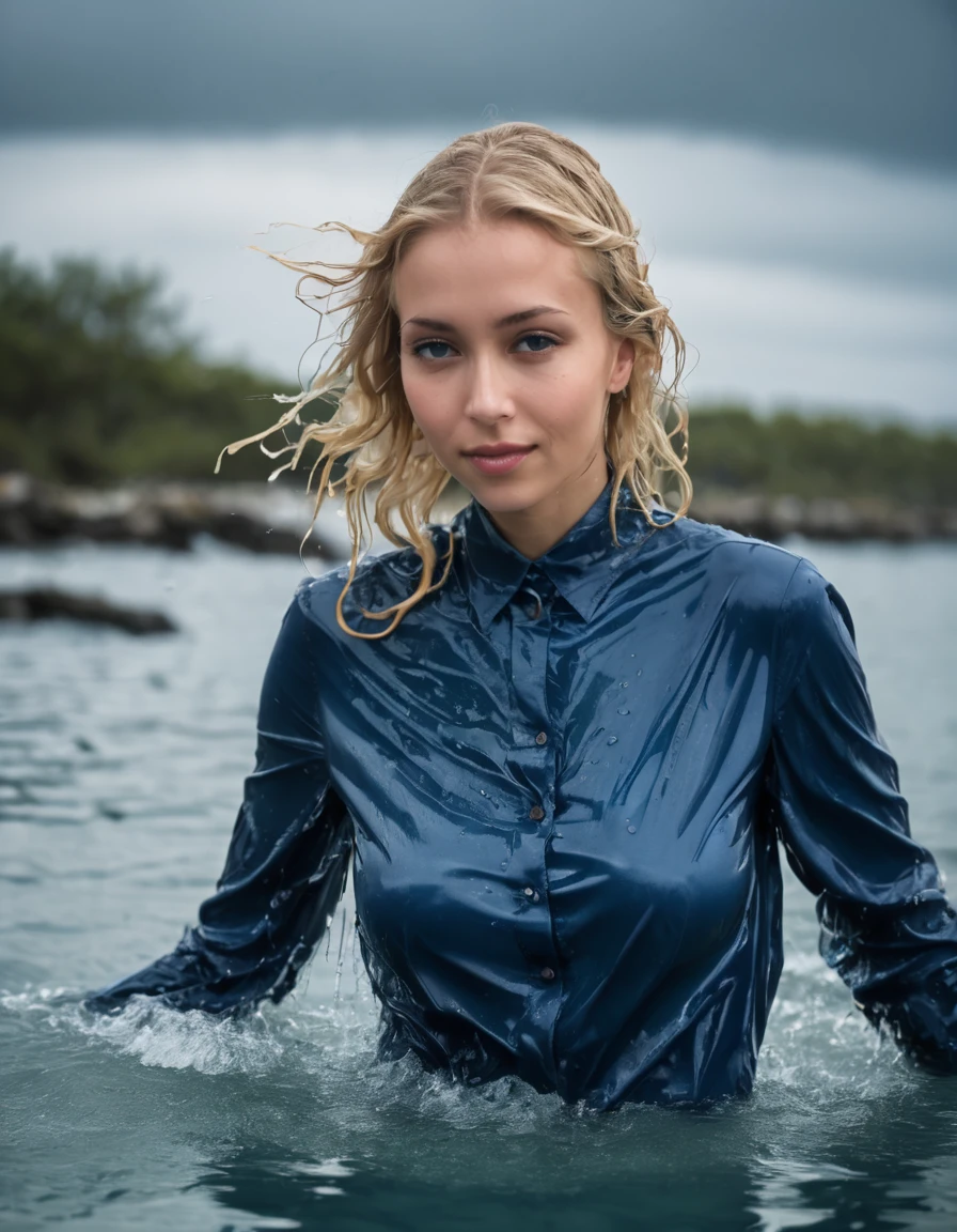 (wet situation), perfect photo of a beautiful blonde woman, (wet hair:1.3), (emerging out from water:1.3), proudly wearing her (wet blue satin shirt:1.3) buttoned to the top, with (long sleeves that extends to her wrists), as she plays with the buttons on her shirt, (in ocean), (only head and shoulders visible on the water:1.4), partially submerged, (kinkily smiling directly at camera with an (aroused expression from being soaking wet), inviting you in), photographed on a Fujifilm XT3, 80mm F/1.7 prime lens, cinematic film still, cinestill 500T, highly detailed, masterpiece, highest quality, intricately detailed, HDR, 16k, uhd, photorealistic