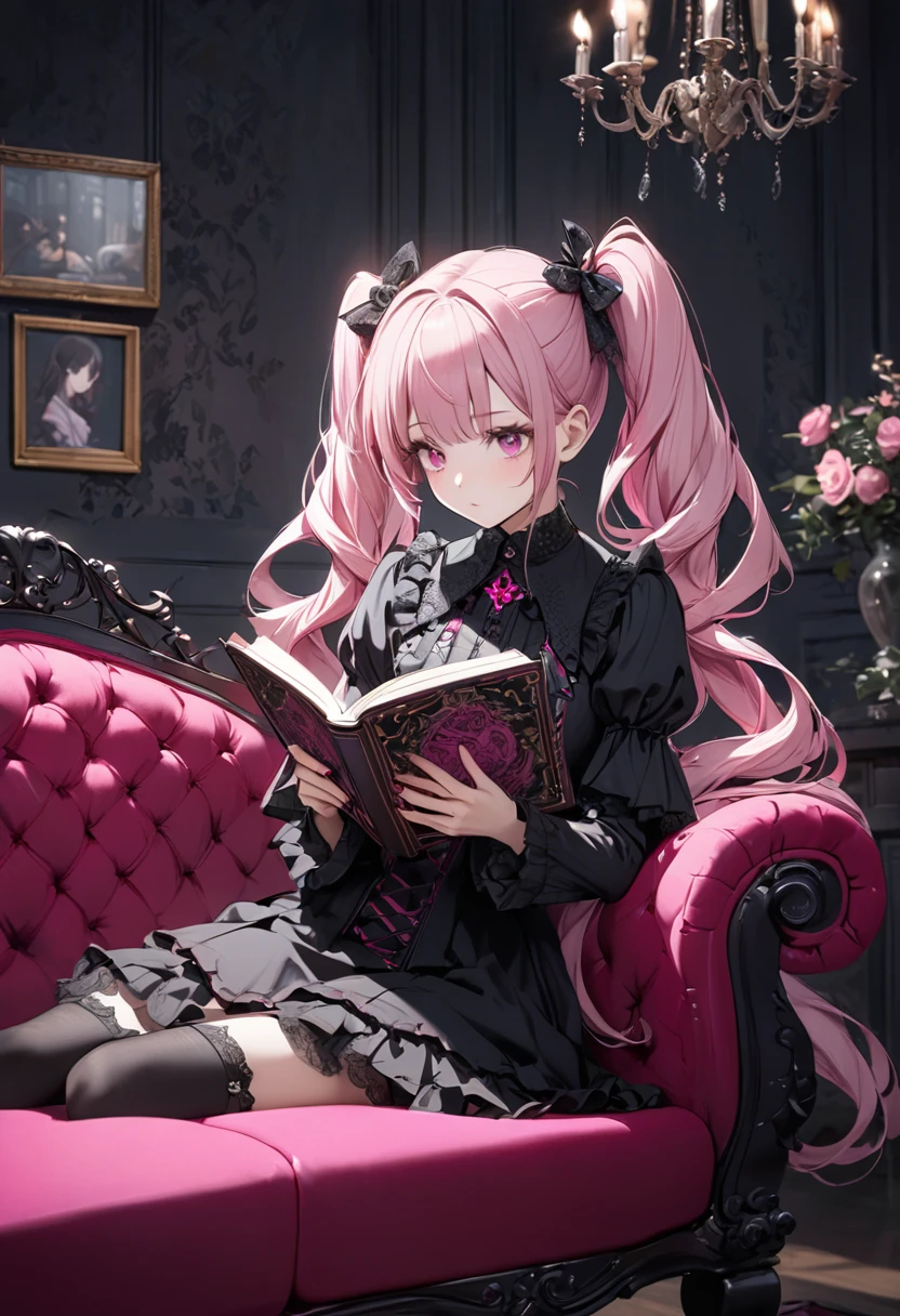 A beautiful girl with pink twin tails, pink eyes, alone, wearing makeup, reading a book in a room with a gothic sofa, perfect and delicate hand structure