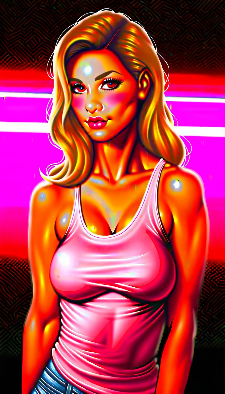 1girl, beautiful detailed eyes, beautiful detailed lips, extremely detailed eyes and face, long eyelashes, soft skin, pale skin, soft blush, red straight hair, tank top, bare shoulders, high-waisted shorts, looking at viewer, plump lips, beautiful red eyes, realistic background, nightclub, neon lights, (best quality,4k,8k,highres,masterpiece:1.2),(realistic,photorealistic,photo-realistic:1.37),vibrant colors,dramatic lighting,intricate details