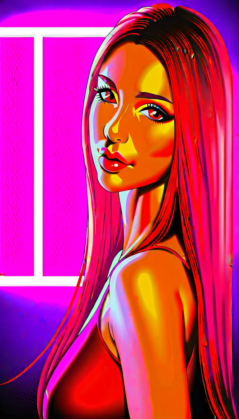 1girl, beautiful detailed eyes, beautiful detailed lips, extremely detailed eyes and face, long eyelashes, soft skin, pale skin, soft blush, red straight hair, tank top, bare shoulders, high-waisted shorts, looking at viewer, plump lips, beautiful red eyes, realistic background, nightclub, neon lights, (best quality,4k,8k,highres,masterpiece:1.2),(realistic,photorealistic,photo-realistic:1.37),vibrant colors,dramatic lighting,intricate details