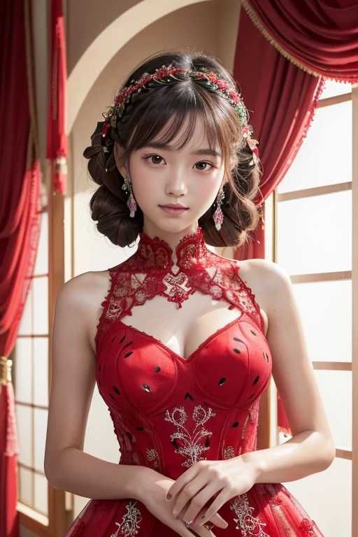 master piece, best quality, ultrahigh res, (photorealistic:1.4), raw photo, 8K photo, Japanese young model, ************, slim face,Large beasts:1.4,shy smiles,

(red frozen crystal-themed dress with intricate ice-inspired  details:1.2),(red dress adorned with abundant lace and  ribbons:1.3),(mesmerizing red dress inspired by ice crystals, creating a  magical aesthetic:1.2),(effortlessly chic hairstyle:1.4),

,((Best quality)),(((She is surrounded by many watermelons))),