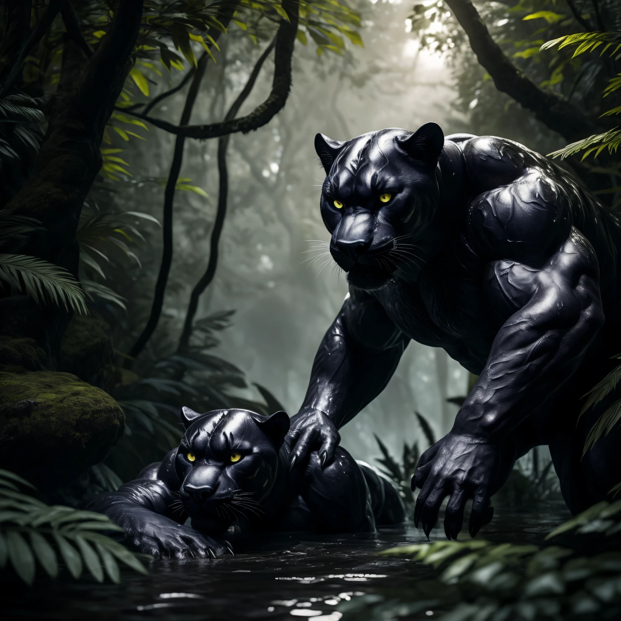 A formidable black panther, its angry expression etched into every line of its muscular body, prowls through a dark and dense jungle. The glowing yellow eyes of this majestic feline are a stark contrast to the inky blackness of the foliage, which is rendered with intricate detail and dynamic texture. The wet leaves and vines surrounding the panther seem to shimmer in the cinematic lighting, creating a moody atmosphere that is both captivating and intimidating. With each footfall, the panther's sharp claws dig into the earth, leaving deep impressions that add to the high contrast and intense colors of the scene. This realistic 3D render of the black
