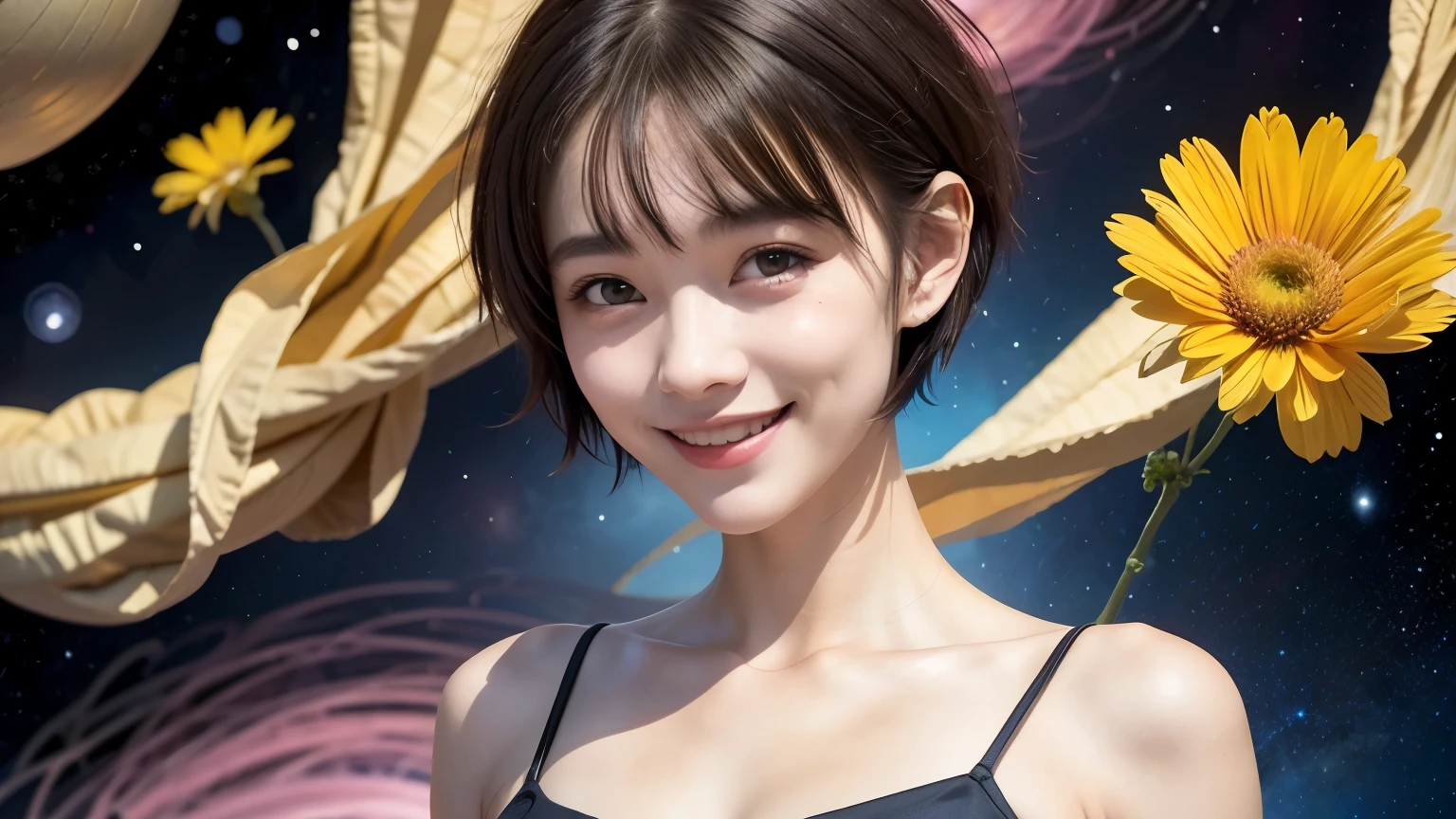 258 19-year-old female, (short hair),(Abstract background,universe), smile, flower