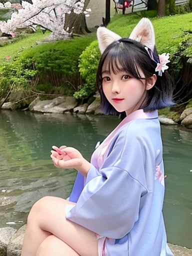Young asian girl, short black hair, straight, with a blue kimono, pink and lilac, sitting in the river, with white fox ears and tail, with a sakura flower on his head, happy, with water in his hands
