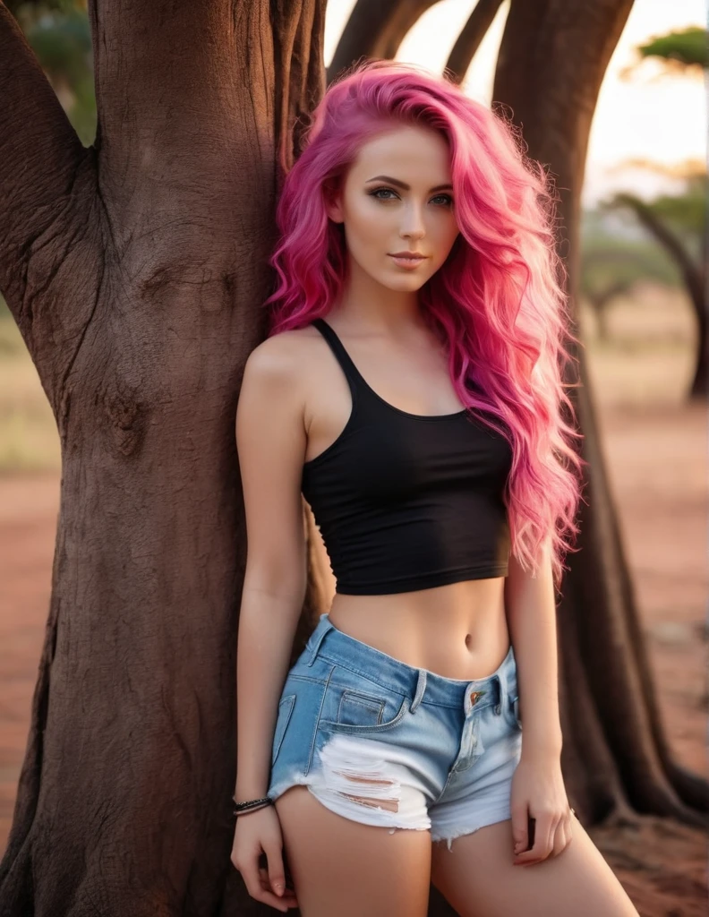 Very attractive 25 year old caucasian female with long wavy bright pink hair, wearing shorts, t-shire, bare midriff, posing next to a tree in Tanzania, at sunrise, photo quality