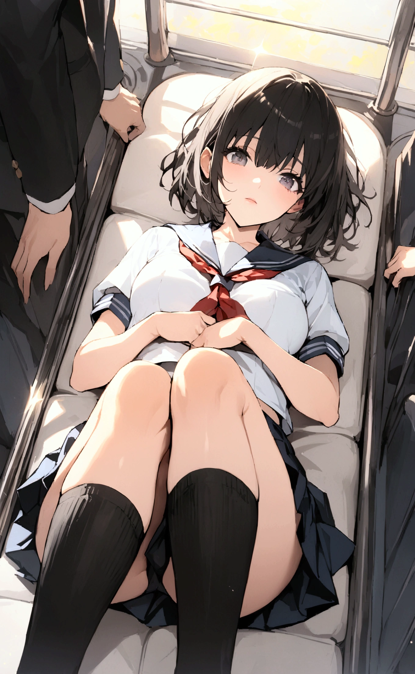 One Woman、crowd、Station platform、beautiful girl、Sailor suit、Pleated skirt、Hold a school bag with both hands、Age: 18、Bob Cut Hair, Highest quality, body type、Small 、Small ass、Black Hair,The train is coming、Black knee-high socks、Cowboy Shot、Ultra-fine images、Angle from directly above、Lying on the ground、Lie down with your legs open、Lying on your back、A man touches my crotch