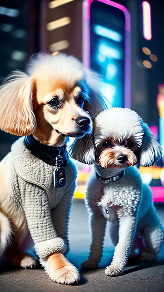 Anthropomorphizing a dog,White Toy Poodle,cyber punk,Fantasy,mysterious
