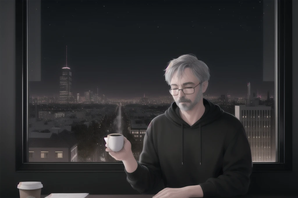 A realistic image of a man with short hair, Gray Hair, Wear glasses, Wearing a black sweatshirt, close your eyes, walk, Teaching Mouth, With nothing in hand, At the office at night, Buildings at night in the scenery seen from the window,Drink coffee