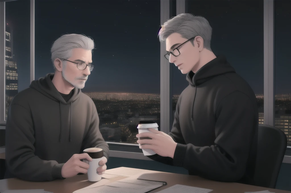 A realistic image of a man with short hair, Gray Hair, Wear glasses, Wearing a black sweatshirt, close your eyes, walk, Teaching Mouth, With nothing in hand, At the office at night, Buildings at night in the scenery seen from the window,Drink coffee