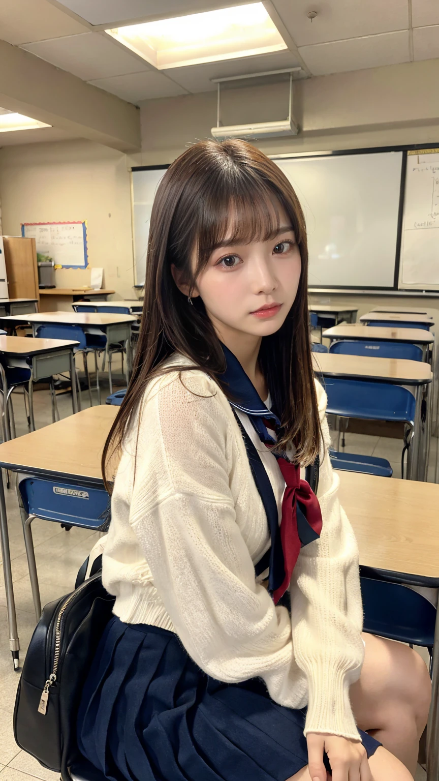 ((masterpiece, Highest quality)),Best aesthetics,One girl, , machine, Sitting, school machine, Brown Hair, classroom, Long Hair, indoor, Chair, View your viewers, :p, Focus Only, Brown eyes, skirt, Long sleeve, pencil, 1 boy, pencil case, paper, Seraph of the Black, Multiple Girls, pleated skirt, Sailor collar, bangs, Headrest, school bag, school Chair