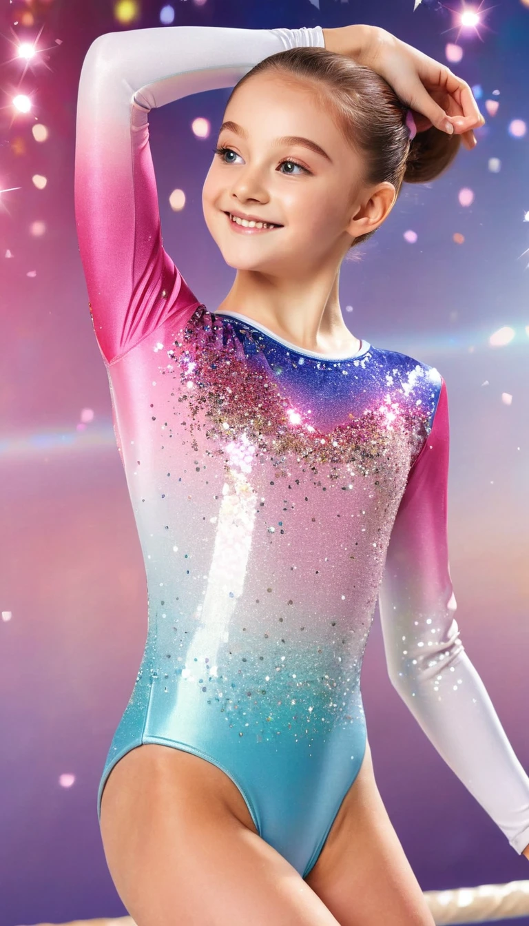 highquality illustration, masterpiece, very delicate and beautiful, attractive girl,(gymnastics leotard,long sleeve leotard with glittery decoration,high_leg leotard,athletic leotard,tight-fit leotard,iridescent gradient leotard,long-sleeve leotard),thin,slender body,slim,high school,gymnasium background,gymnastics club,gymnastics athlete,princess, beautiful eyes,light smile,(masterpiece, best quality:1.2), highres, extremely detailed CG unity 8k wallpaper, perfect lighting, Colourful, ultra-high res,4K,ultra-detailed, photography, 8K, HDR, 17 ages,cowboy shot,