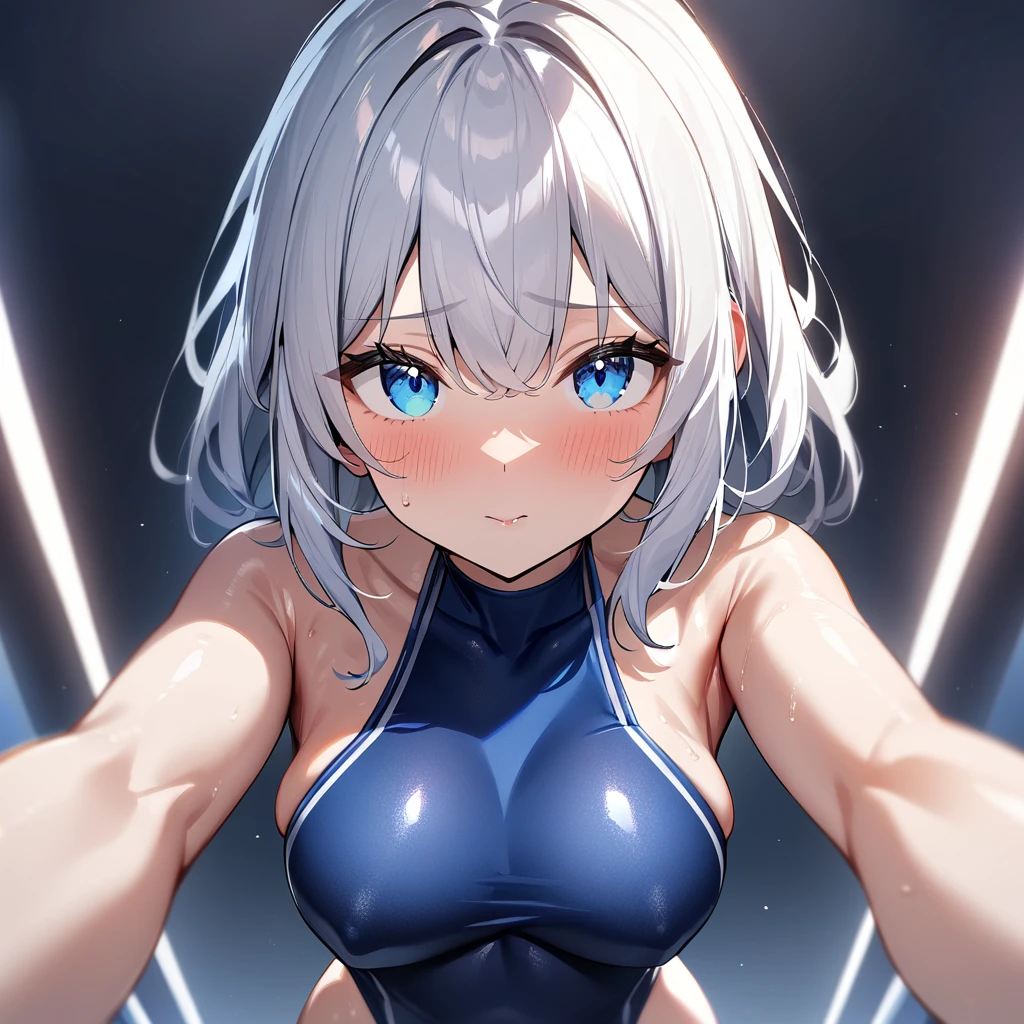 1girl,upper body,pov,face,light White hair,breasts,lblue eyes,(Navy Blue_swimsuit),Covered nipples,medium breasts,Impossible swimsuit,tight skin,shiny skin,masterpiece, best quality, very aesthetic, absurdres,front view,looking at viewer