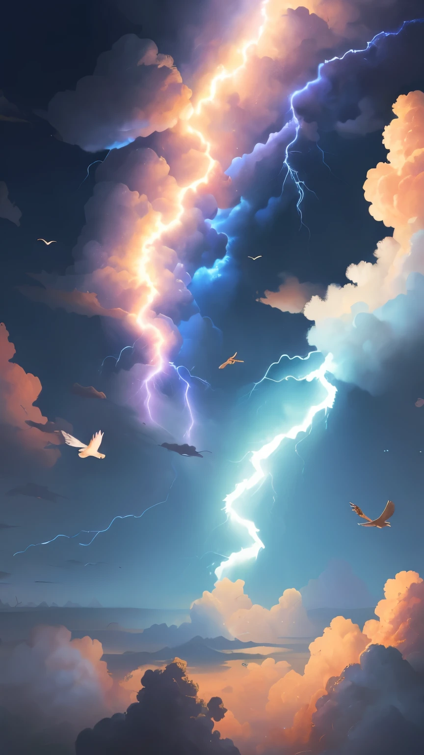 ((best quality)), ((masterpiece)), (detailed), A digital illustration of a rainbow lightning in a dark blue sky with small birds flying in the background
