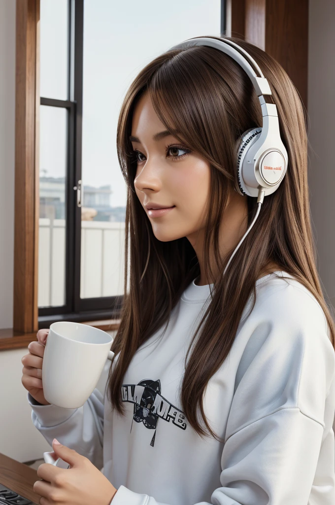 ultra high quality, 8K ultra HD, A digital illustration of anime style, 3D art, masterpiece, detail. Side profile, closeup, a very beautiful man, long hair, gentle smile, at home, holding a cup, Oversized sweatshirt, wearing a white headphones