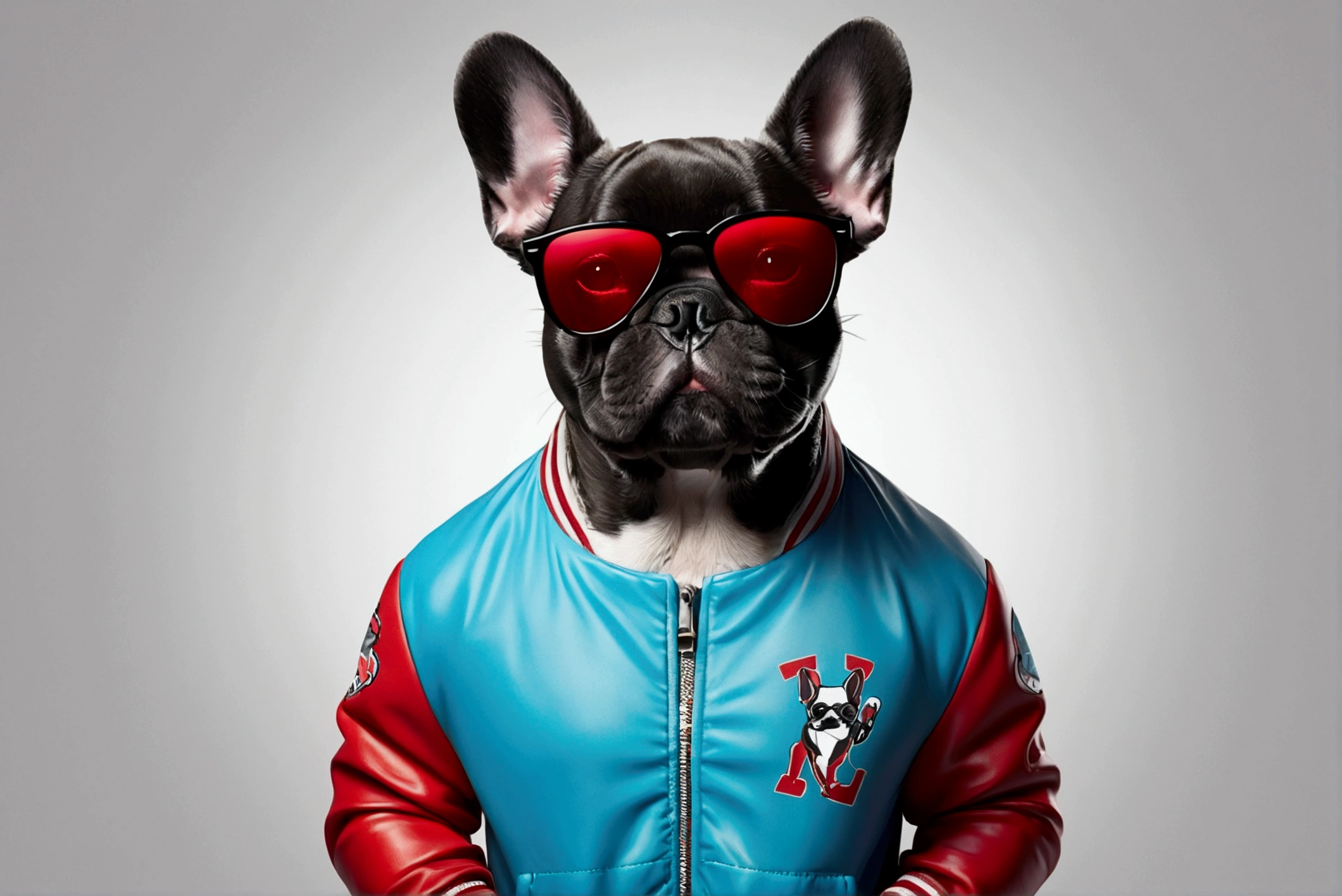 Perfect centering, Cute grey french bulldog, Wear a student team jacket, Wear sunglasses, Wear headphones, Cheerfulness, Standing position, Abstract Beauty, Centered, Looking into the camera, To the camera, Near perfect, dynamic, Very detailed, Smooth, Sharp focus, 8k, High resolution, figure, art:Carne Griffith、Vadim Kashin, White Background