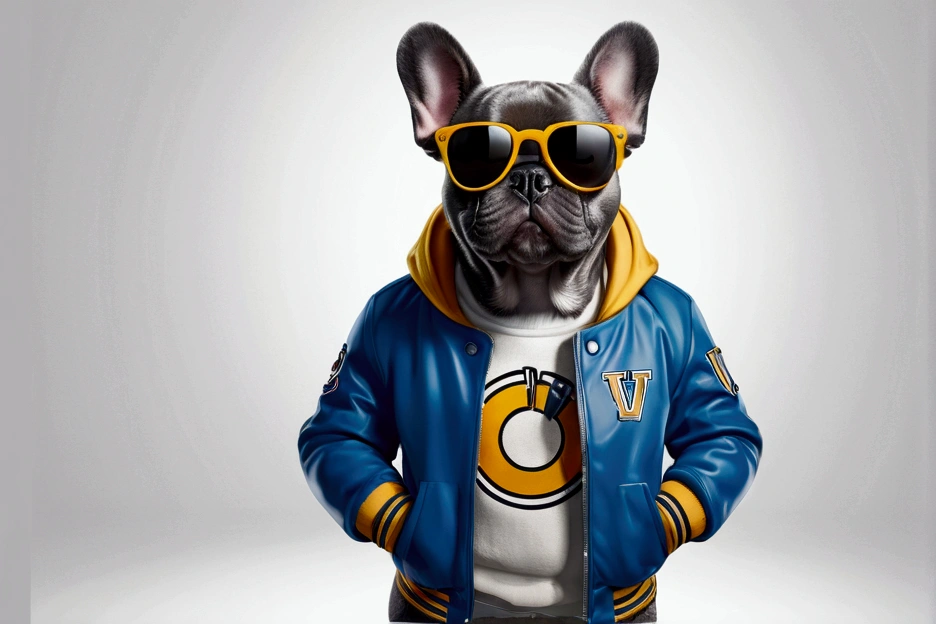 Perfect centering, Cute grey french bulldog, Wear a student team jacket, Wear sunglasses, Wear headphones, Cheerfulness, Standing position, Abstract Beauty, Centered, Looking into the camera, To the camera, Near perfect, dynamic, Very detailed,  Smooth, Sharp focus, 8k, High resolution, figure, art：Carne Griffith、Vadim Kashin, White Background