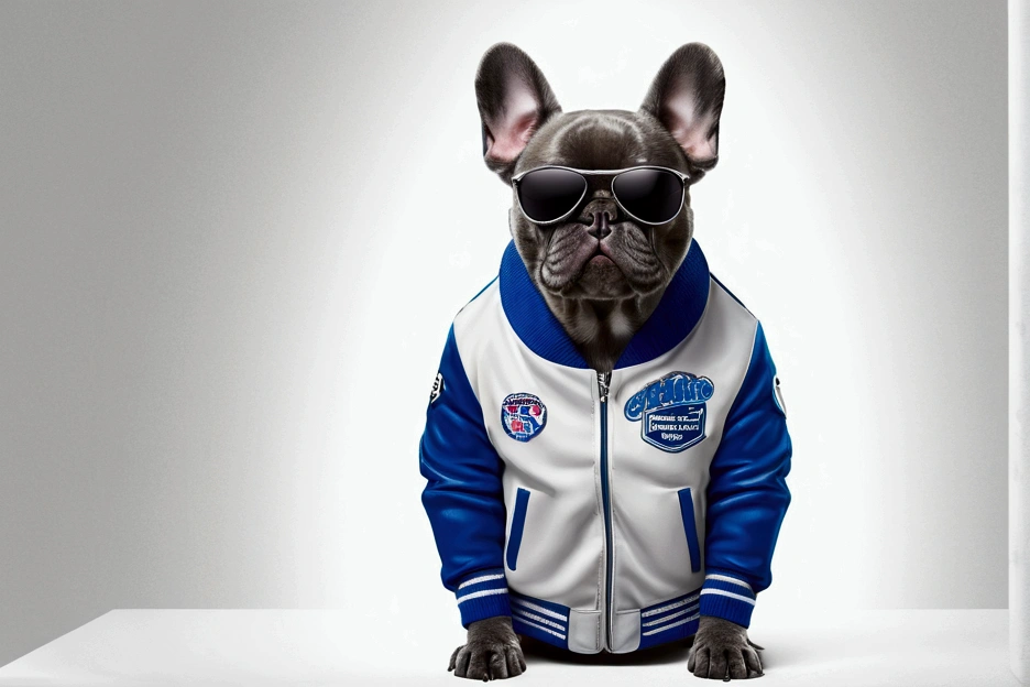 Perfect centering, Cute grey french bulldog, Wear a student team jacket, Wear sunglasses, Wear headphones, Cheerfulness, Standing position, Abstract Beauty, Centered, Looking into the camera, To the camera, Near perfect, dynamic, Very detailed, Smooth, Sharp focus, 8k, High resolution, figure, art:Carne Griffith、Vadim Kashin, White Background
