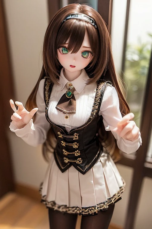 (SFW:2), photorealistic, realistic photo, 8k, ((highest quality)), ((masterpiece)), (extremely detailed), kukolnydom, doll, (mature woman, 22yo, 22 years old, solo:1.6), ((cowboy shot, dynamic pose, slim, slender, skinny, medium breasts, hairband, ascot, vest, blouse, long puff sleeves, pleated skirt, black pantyhose)), (green eyes, brown hair, long hair, plastic skin, looking at another, glass eyes, gradient eyes, shining eyes, detailed eyes:1.3)