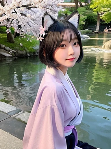 Young asian girl, short black hair, straight, with a blue kimono, pink and lilac, sitting in the river, with white fox ears and tail, with a sakura flower on his head, happy, with water in his hands