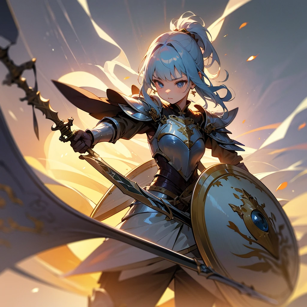 high resolution、Warrior Girl。armor、sword、Equipped with a shield。Fantasy、beautiful